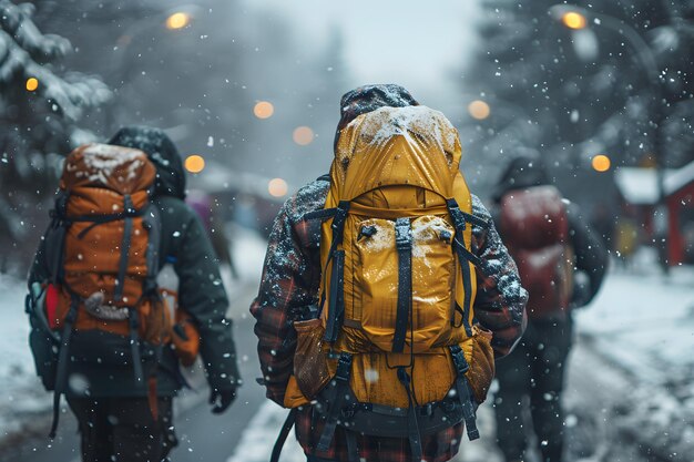 Un groupe de personnes marchant dans une rue couverte de neige