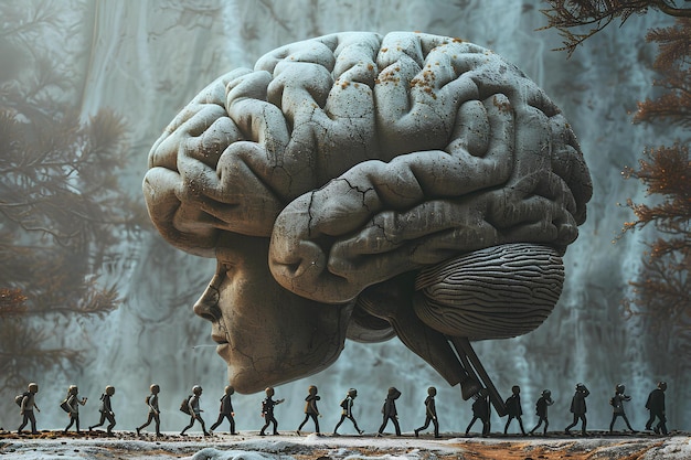 Un groupe de personnes marchant devant un modèle de cerveau géant dans une forêt avec des arbres et de la neige sur le sol