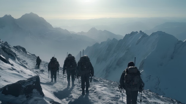 Un groupe de personnes marchant sur une montagne enneigée avec des montagnes en arrière-plan.