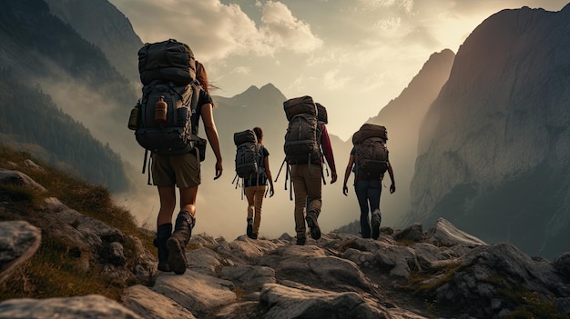 un groupe de personnes marchant sur une montagne avec des montagnes en arrière-plan.