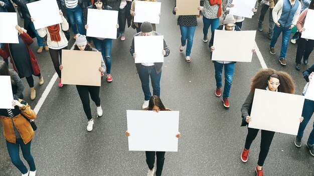 Un groupe de personnes marchant avec des pancartes blanches lors d'une manifestation dans une rue