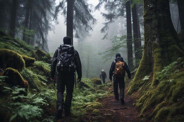 un groupe de personnes marchant à travers une forêt