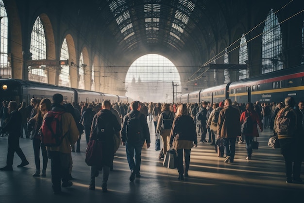 Un groupe de personnes marchant à travers une gare ferroviaire Une gare remplie de gens pendant l'heure de pointe