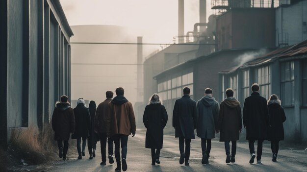 Un groupe de personnes marche dans une rue, l'un d'eux porte un manteau marron et l'autre porte une veste noire.