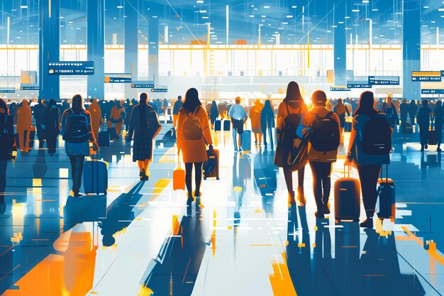 Un groupe de personnes marche dans un terminal d'aéroport très fréquenté.