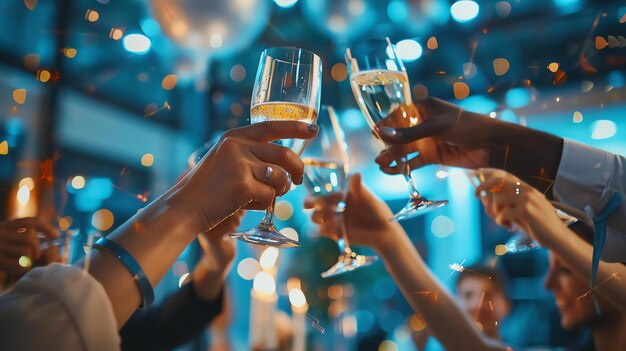 Un groupe de personnes méconnaissables brindant au champagne lors d'une fête. Il y a beaucoup de lumière en arrière-plan et l'atmosphère générale est festive.