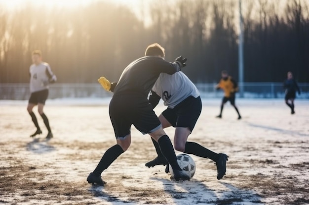 Groupe de personnes méconnaissables Joueurs de football masculins méconnaissables jouant un match sur un terrain de football