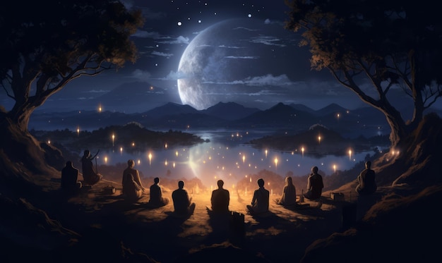 Groupe de personnes méditant sous la lune et les étoiles Belle illustration photo IA générative