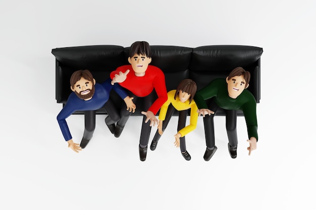 Groupe de personnes membre de l'équipe ou étudiant appréciant sur le canapé ensemble personnage de rendu 3D