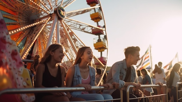 Un groupe de personnes monte sur une grande roue à la foire.