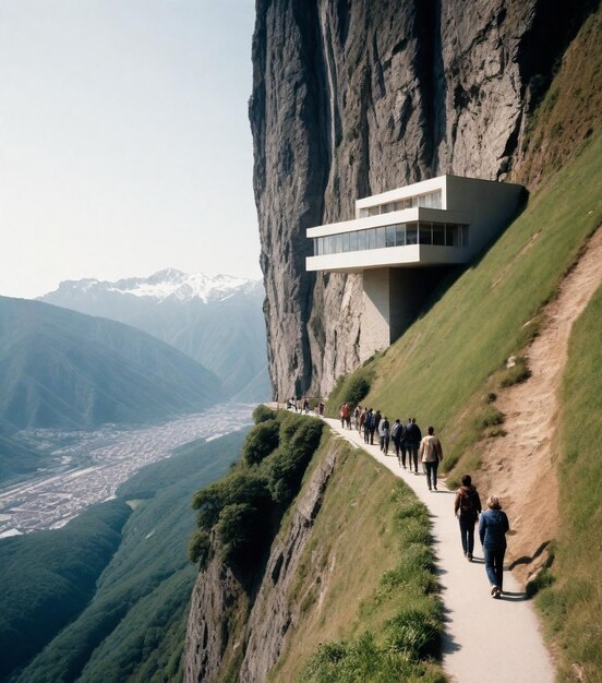 un groupe de personnes monte une montagne avec un bâtiment sur le côté