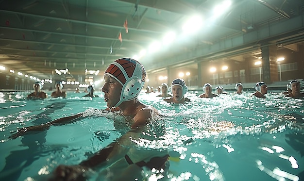 un groupe de personnes nageant dans une piscine avec le numéro 3 sur leur casque