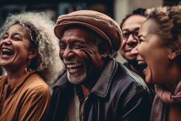 Un groupe de personnes de nationalités différentes riant Nationalités d'âges différents s'amusant ensemble s'amusant ensemble riant souriant Plaisir relaxation respect paix IA générative