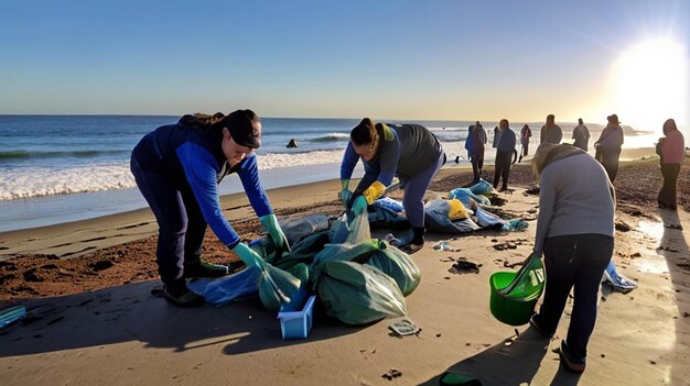 Photo un groupe de personnes nettoie les ordures sur la plage