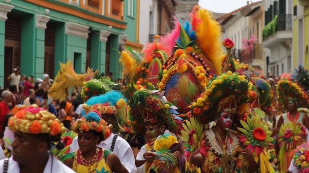 Un groupe de personnes participe à un défilé avec des plumes colorées sur leurs visages.