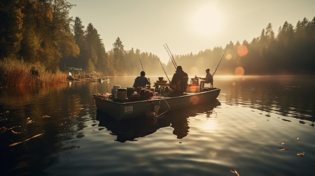 Un groupe de personnes pêchant paisiblement dans un bateau sur un lac calme