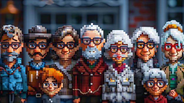Un groupe de personnes pixelées dans la ville de 8 bits