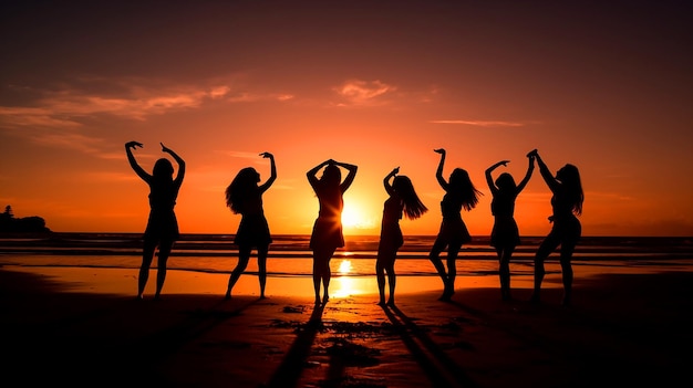 Un groupe de personnes sur une plage avec le soleil se couchant derrière eux