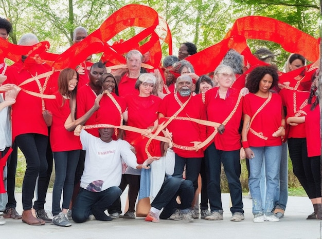 Un groupe de personnes portant chacune un ruban rouge debout en cercle représentant la solidarité