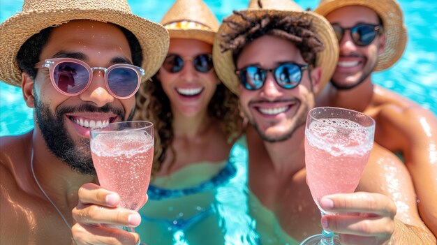 Un groupe de personnes portant des chapeaux et des lunettes de soleil tenant des boissons