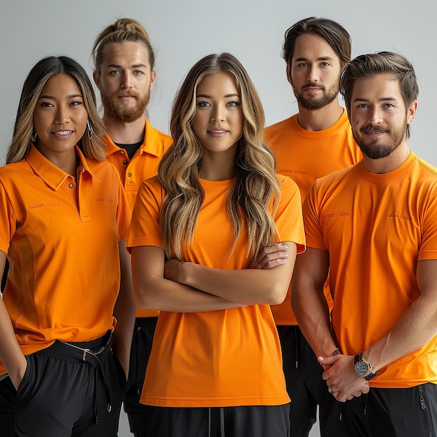 un groupe de personnes portant des chemises orange avec le mot " im " dessus