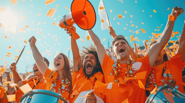 Un groupe de personnes portant des chemises orange se tiennent dans une foule AIG41