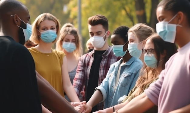 Un groupe de personnes portant des masques faciaux se tiennent la main en cercle.