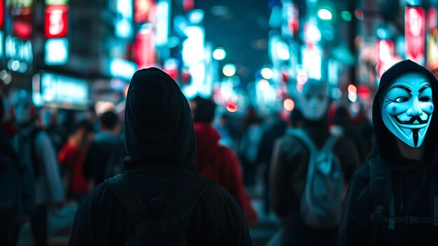 Photo un groupe de personnes portant des masques de guy fawkes marchent dans une rue bondée la nuit.