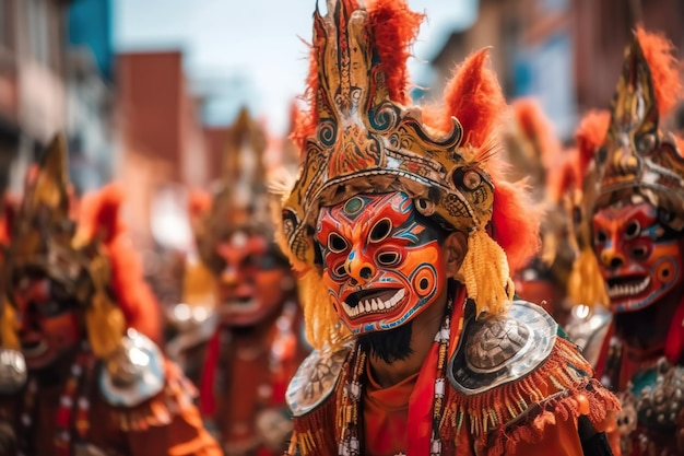 Un groupe de personnes portant des masques et des plumes Image AI générative La Diablada à Oruro Bolivie