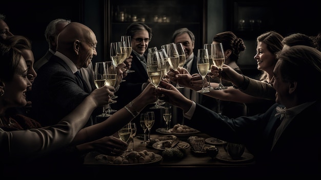 Un groupe de personnes portant un toast avec des verres de champagne