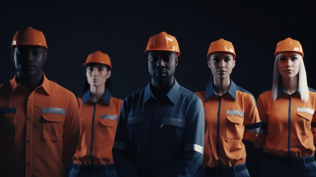 Un groupe de personnes portant des uniformes de travail orange font la queue.