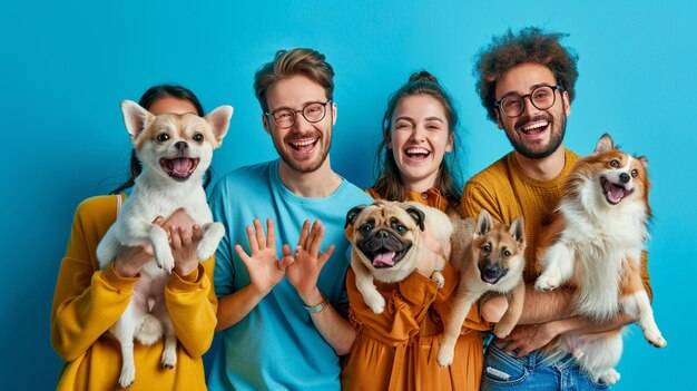 un groupe de personnes posant avec leurs chiens devant un mur bleu génératif ai