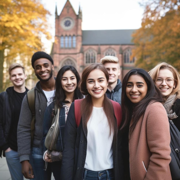 Un groupe de personnes pose pour une photo devant une église.