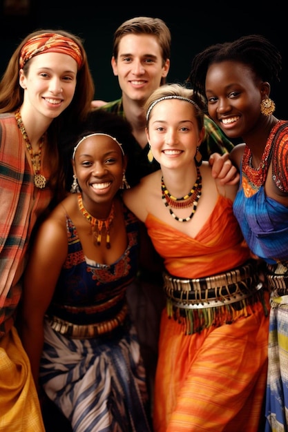 un groupe de personnes pose pour une photo avec une personne portant une robe orange