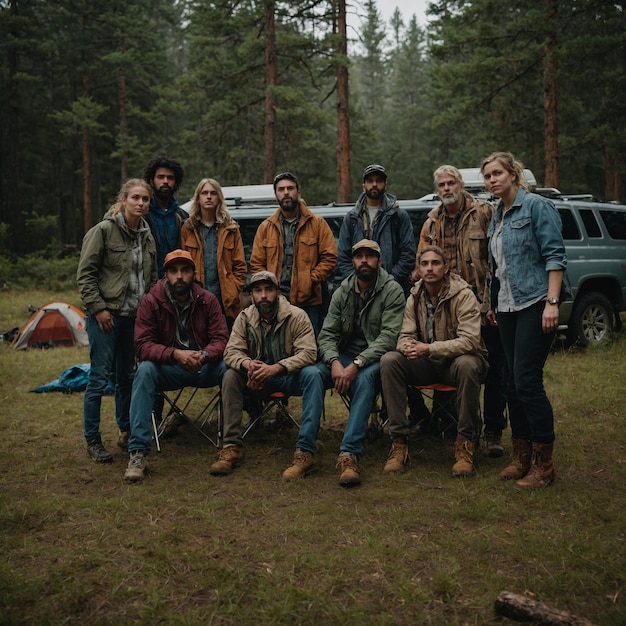 Photo un groupe de personnes posent pour une photo devant un camping-car