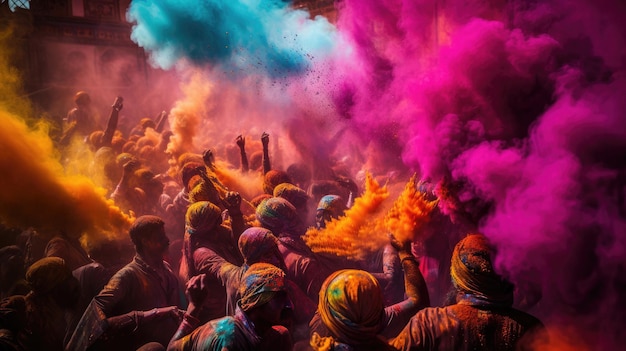 un groupe de personnes avec de la poudre colorée sur le visage célèbre.