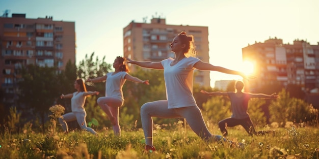 Un groupe de personnes pratiquant le yoga au coucher du soleil dans un parc urbain