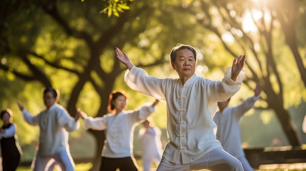 Un groupe de personnes pratiquant le yoga pose ensemble dans un parc vert sous un ciel bleu clair