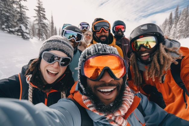 un groupe de personnes prenant un selfie dans la neige