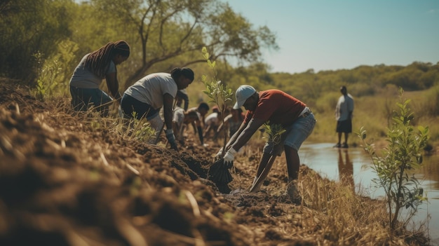 Un groupe de personnes près d'une étendue d'eau