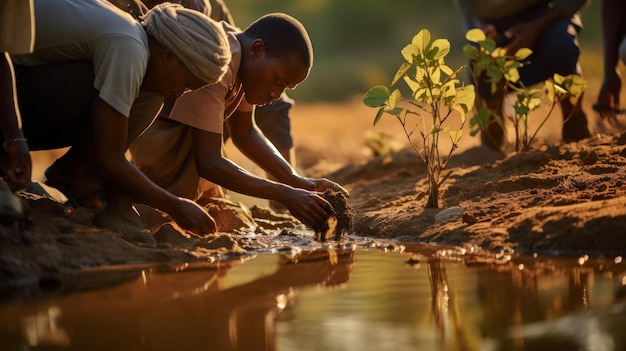 Un groupe de personnes près d'une étendue d'eau