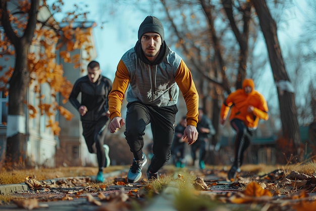 Un groupe de personnes qui courent dans le parc à l'automne avec des feuilles sur le sol et un homme dans le