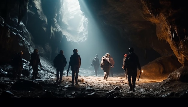 Groupe de personnes en randonnée au sommet d'une montagne dans le brouillard généré par l'IA