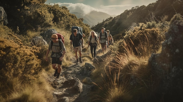 Un groupe de personnes en randonnée sur un sentier de montagne
