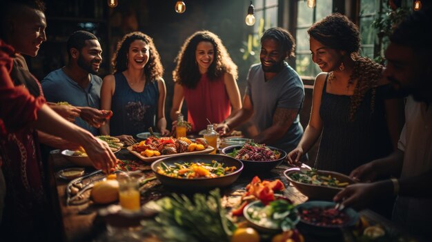 Un groupe de personnes rassemblées autour d'une table pleine de nourriture