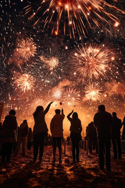 Groupe de personnes regardant des feux d'artifice dans le ciel nocturne célébration du Nouvel An