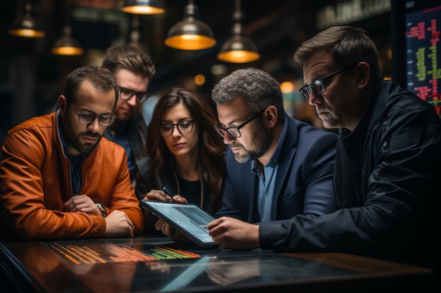 Groupe de personnes regardant une tablette dans un bar.