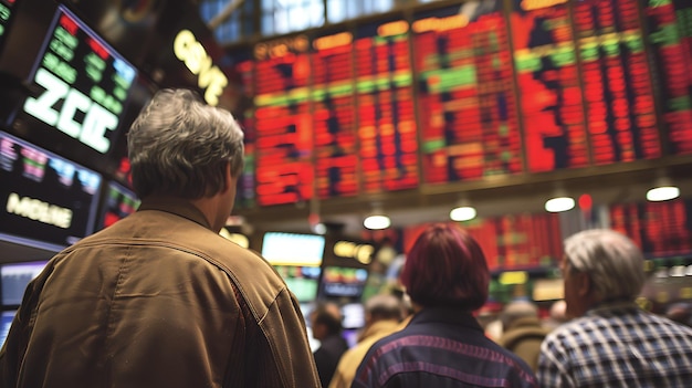 Photo un groupe de personnes regarde un grand tableau de la bourse. le tableau affiche des chiffres rouges et verts qui représentent les prix des actions.