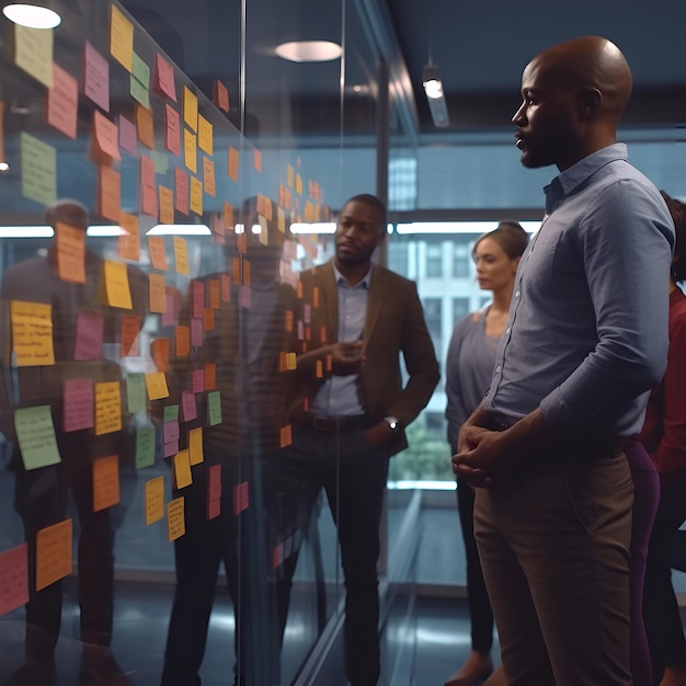 Un groupe de personnes regarde des notes autocollantes sur un mur de verre.