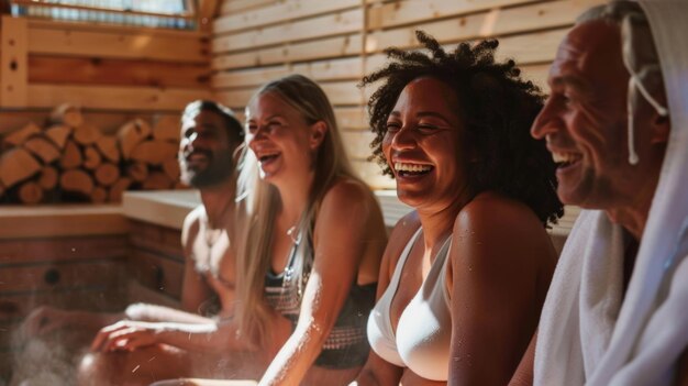 Un groupe de personnes rient et bavardent en suant les toxines dans le sauna.